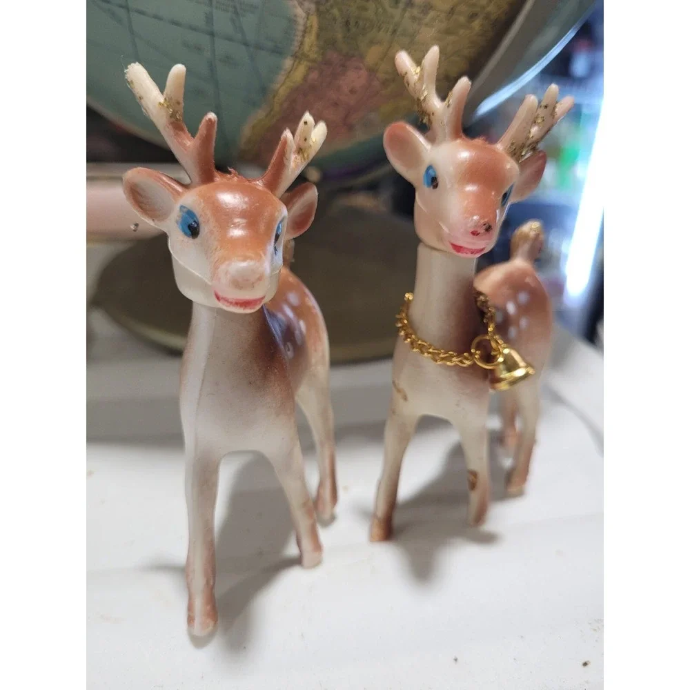 2 Small Plastic Fawn Deer Hong Kong Gold Bell Vintage
